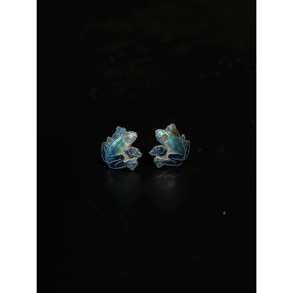Sterling Silver Blue Enamel Frog Stud Earrings